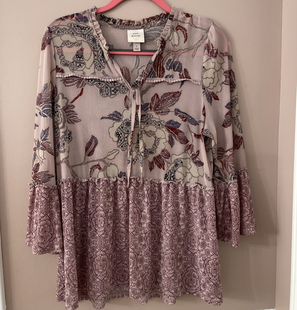 Knox Rose Top Womens L Mauve Floral Bell Sleeve Boho Peplum Sheer Festival Tunic